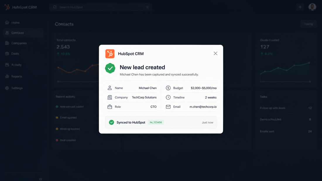 Voqual writing a qualified lead into the CRM in real time — score, contact fields and next follow-up auto-filled